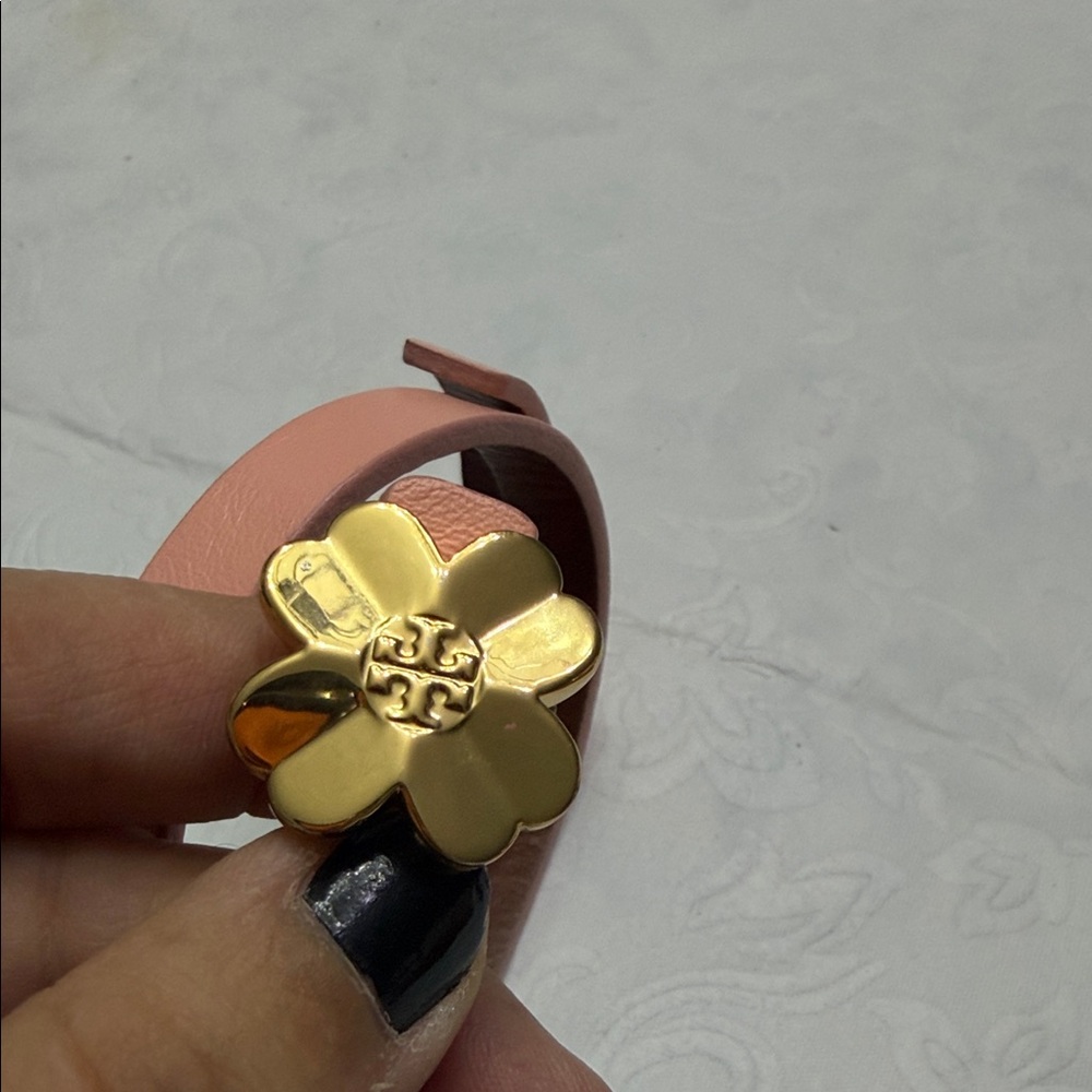 Tory Burch Pink Leather Wrap Bracelet with Gold Flower - Picture 3 of 5